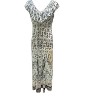 Hale Bob M EUC Margot Quinn (??) Floral Print Ruffle V-Neck Stretch Maxi Dress